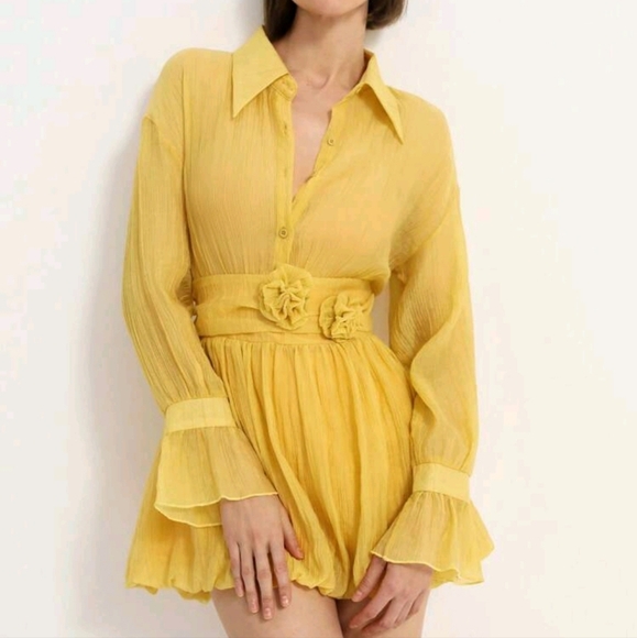 French Style Elegant 2 In 1 Design Sheer Collared Long Sleeve Mini Dress - Picture 3 of 4